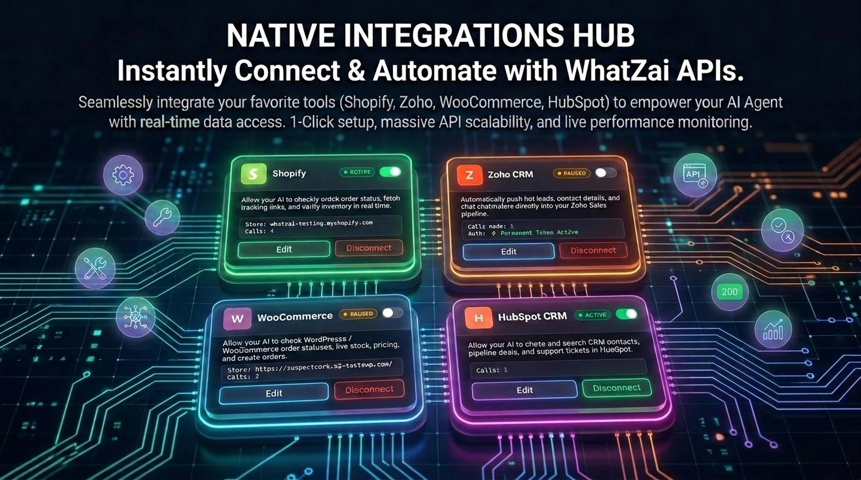 WhatZAI Native Connectors - WooCommerce, Zoho CRM, Google Sheets, and REST API 1-Click Sync