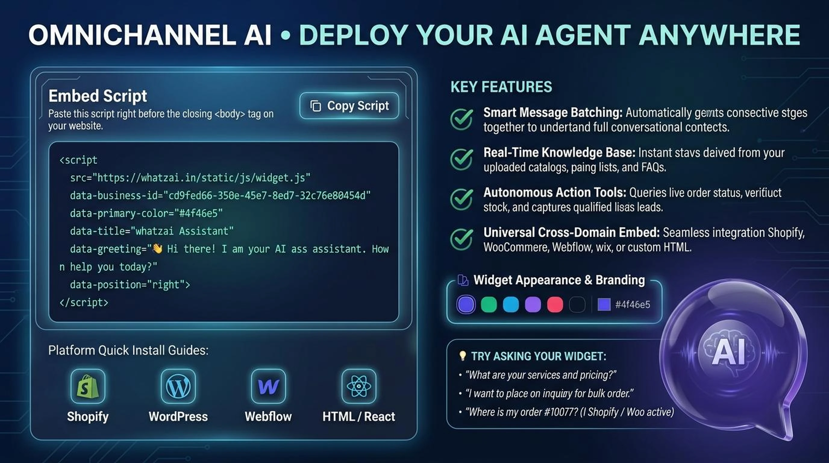 WhatZAI Omnichannel Live Web Chat Widget - Embeddable AI Assistant with 1-Click WhatsApp Handoff